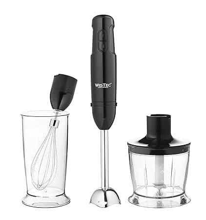 WisTec 600 W 4 in 1 Hand Blender, Chopper, Whisker with Food Grinder Bowl, Measuring Mug, Egg Whisk for Smoothies, Infant Food, Sauces, Soups, Puree - BPA Free